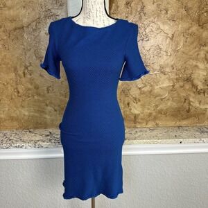 St John Bodycon Dress Womens 0 Blue Textured Santana Knit Fringe Sleeve Cocktail